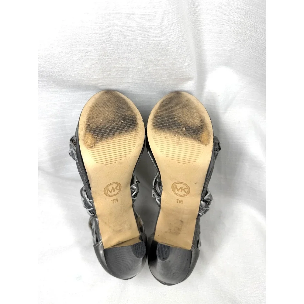 Michael Michael Kors Silver Metallic Braided Chain Platform Heels Sandals 7M